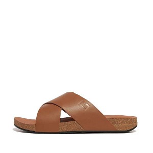 Light Brown Men's FitFlop Iqushion Leather Cross Slides | 057CZVMWD