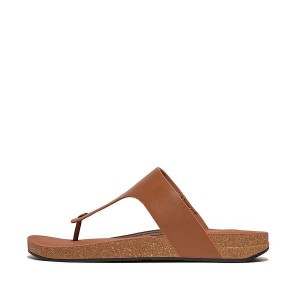 Light Brown Men's FitFlop Iqushion Leather Toe-Post Sandals | 802CUZBQE