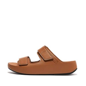 Light Brown Men's FitFlop Samel Adjustable Leather Slides | 781XJLFVG