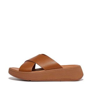 Light Brown Women's FitFlop F-Mode Leather Flatform Cross Slides | 962OTBIJP