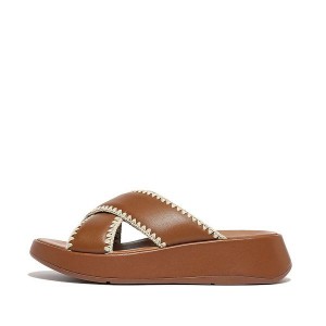 Light Brown Women's FitFlop F-Mode Leather Flatform Cross Slides | 163JGQPDM