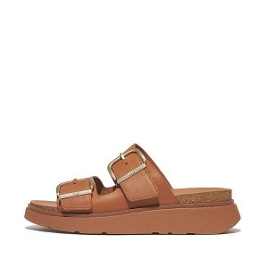 Light Brown Women's FitFlop Gen-Ff Buckle Two Bar Leather Slides | 108SWFJYI