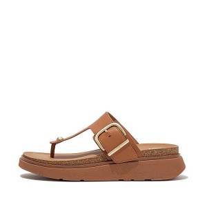 Light Brown Women's FitFlop Gen-Ff Buckle Leather Toe-Post Sandals | 945AFIXDK