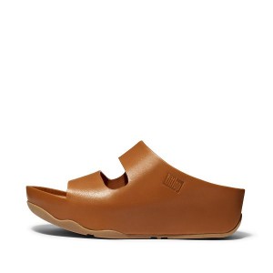 Light Brown Women's FitFlop Shuv Two Bar Leather Slides | 458VSJDWL