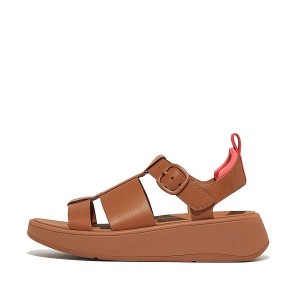 Light Brown / Coral Women's FitFlop F-Mode Leather Flatform Fisherman Sandals | 653DBTMEJ