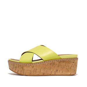 Light Green Women's FitFlop Eloise Leather Cork Wedge Cross Slides | 312QHZKPN