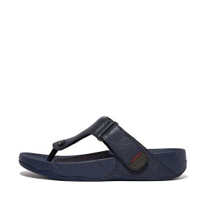 Navy Men's FitFlop Trakk Ii Leather Toe-Post Sandals | 892SCNRPI