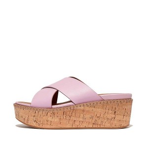 Purple Women's FitFlop Eloise Leather Cork Wedge Cross Slides | 672TLONPB