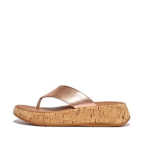 Rose Gold Women's FitFlop F-Mode Metallic Leather Cork Flatform Toe-Post Sandals | 326CTNREX