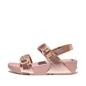 Rose Gold Women's FitFlop Lulu Adjustable Buckle Metallic Leather Back-Strap Sandals | 457PCDLEZ