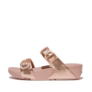 Rose Gold Women's FitFlop Lulu Adjustable Buckle Metallic Leather Slides | 287XIPDSF