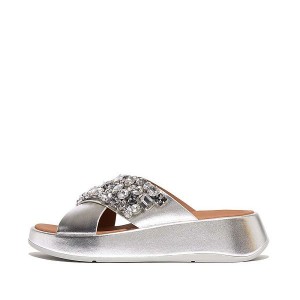 Silver Women's FitFlop F-Mode Jewel Deluxe Metallic Leather Flatform Cross Slides | 926FHMIYA