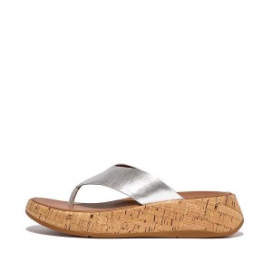 Silver Women's FitFlop F-Mode Metallic Leather Cork Flatform Toe-Post Sandals | 507MHBKZN