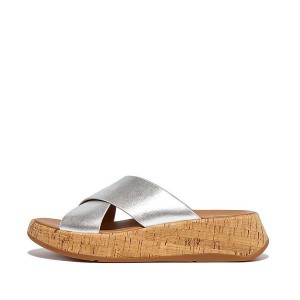 Silver Women's FitFlop F-Mode Metallic Leather Cork Flatform Cross Slides | 582JRHPBK