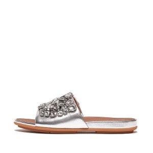 Silver Women's FitFlop Gracie Jewel Deluxe Metallic Leather Slides | 319ROKXPT