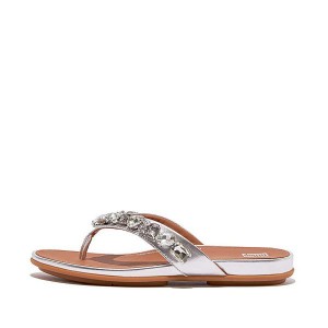 Silver Women's FitFlop Gracie Jewel Deluxe Metallic Leather Flip Flops | 516ZJGOTC