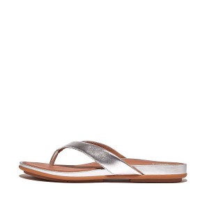 Silver Women's FitFlop Gracie Metallic Leather Flip Flops | 435SQXVRW