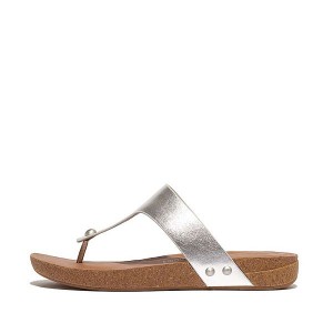 Silver Women's FitFlop Iqushion Metallic Leather Toe-Post Sandals | 506AYWNFJ