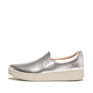 Silver Women's FitFlop Rally Metallic Leather Slip On Skate Sneakers | 146CASUBY