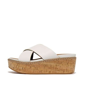 White Women's FitFlop Eloise Leather Cork Wedge Cross Slides | 257PGAMLY