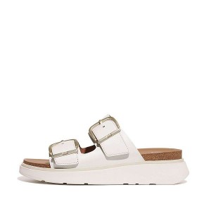 White Women's FitFlop Gen-Ff Buckle Two Bar Leather Slides | 403ZESVQK