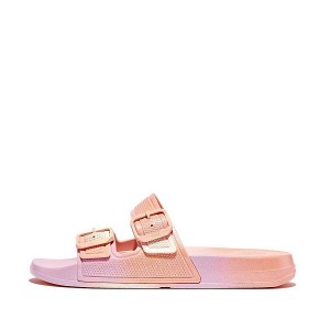 White Women's FitFlop Iqushion Iridescent Two Bar Buckle Sliders Slides | 472VTXUAS