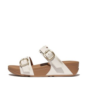 White Women's FitFlop Lulu Adjustable Buckle Leather Slides | 370KDAMZJ