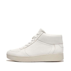 White Women's FitFlop Rally Perf Leather Mid Top Panel Sneakers | 980WIYAFM