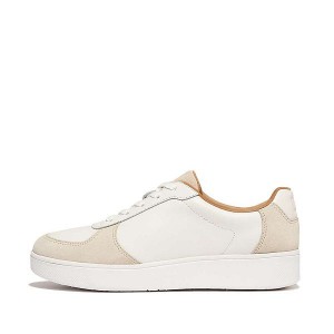 White / Beige Women's FitFlop Rally Leather Suede Panel Sneakers | 475HSQVGD