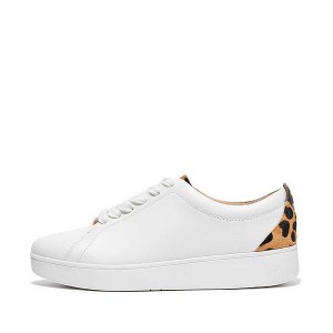 White / Leopard Women's FitFlop Rally Leopard Back Leather Sneakers | 768BOWFUX