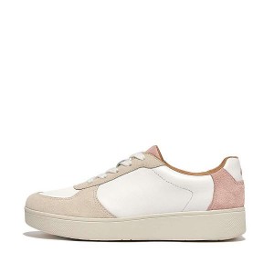 White / Pink / Blue Women's FitFlop Rally Leather Suede Panel Sneakers | 143KFHBMC