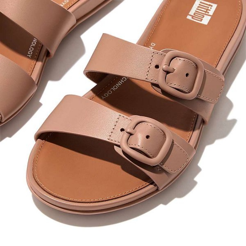 Beige Women's FitFlop Gracie Buckle Two Bar Leather Slides | 038QHDMBF