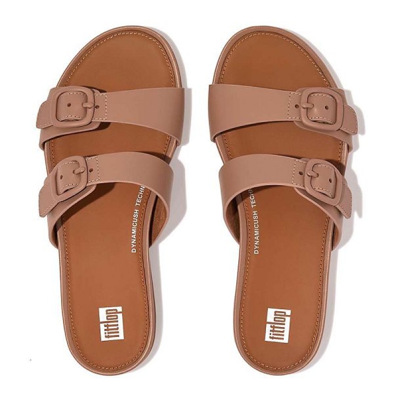 Beige Women's FitFlop Gracie Buckle Two Bar Leather Slides | 038QHDMBF