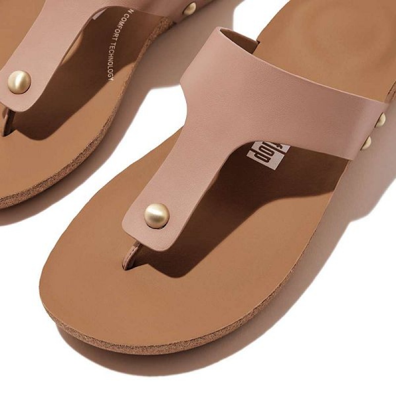 Beige Women's FitFlop Iqushion Leather Toe-Post Sandals | 504TIKZPV