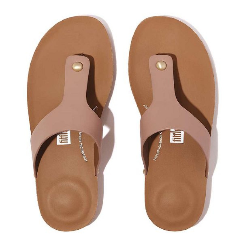 Beige Women's FitFlop Iqushion Leather Toe-Post Sandals | 504TIKZPV