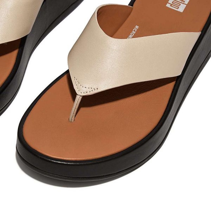 Beige / Black Women's FitFlop F-Mode Luxe Leather Flatform Toe-Post Sandals | 367HUVQPR