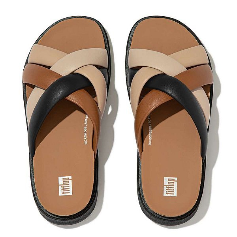 Beige / Black Women's FitFlop Gen-Ff Padded Strap Leather Slides | 683CRLIYT