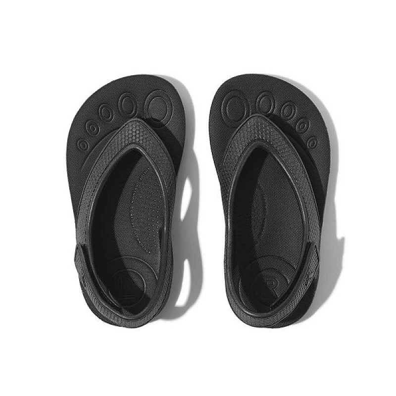 Black Kids' FitFlop Iqushion Toddler Shimmer Ergonomic Back-Strap Flip Flops | 264AMGHOF