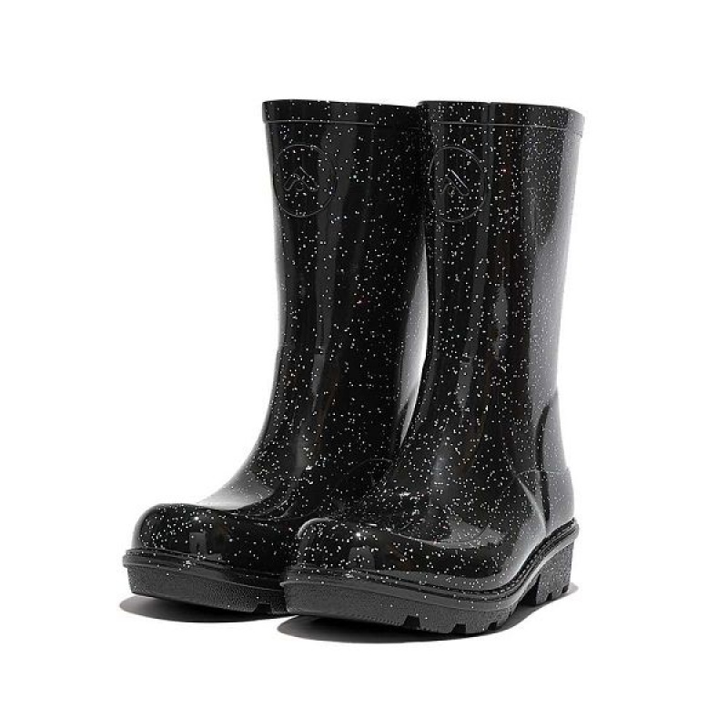 Black Kids' FitFlop Wonderwelly Junior Glitter Ergonomic Wellington Rain Boots | 059ACDSFV