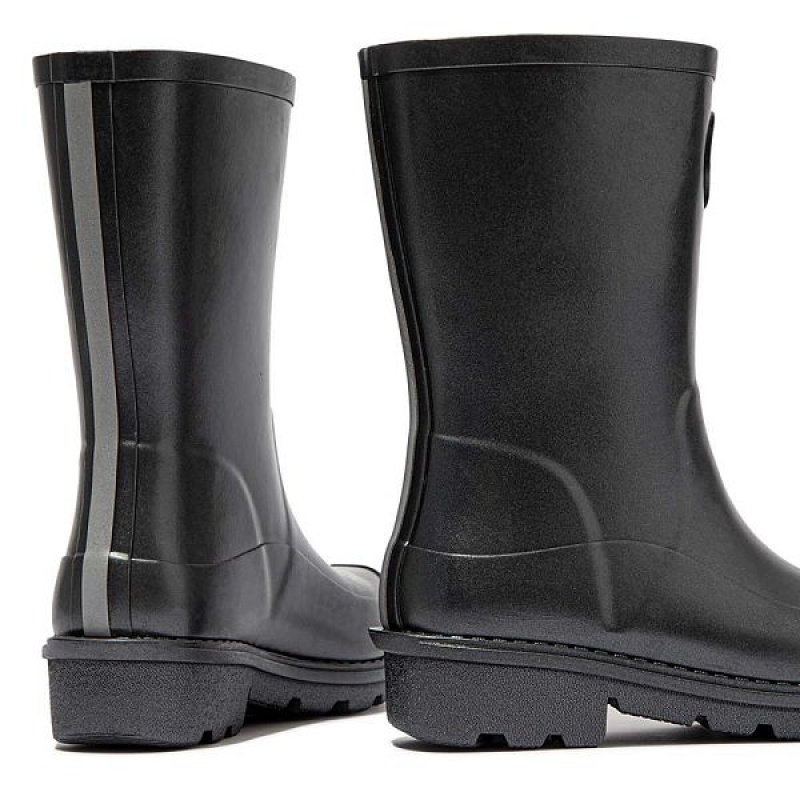 Black Kids' FitFlop Wonderwelly Junior Pearlized Ergonomic Waterproof Wellington Rain Boots | 742KUPHLM