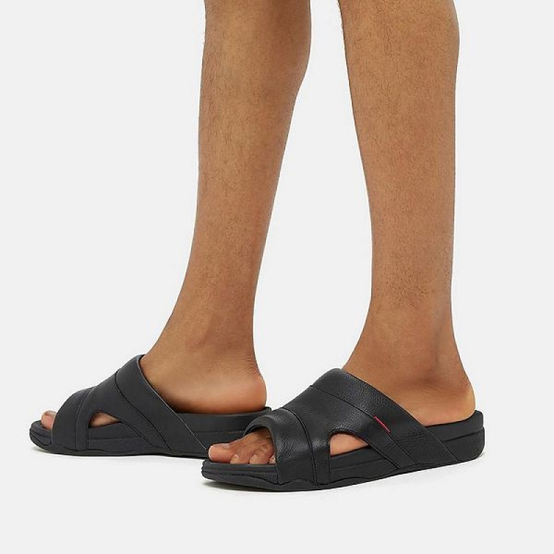 Black Men's FitFlop Freeway Leather Pool Slides | 617SUWIXF