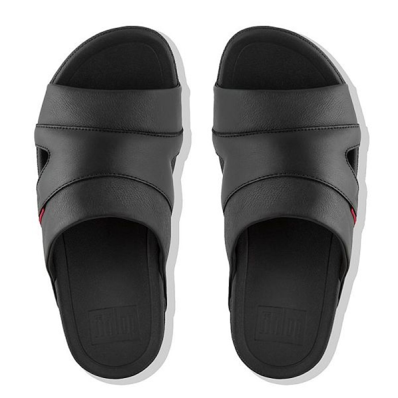 Black Men's FitFlop Freeway Leather Pool Slides | 617SUWIXF