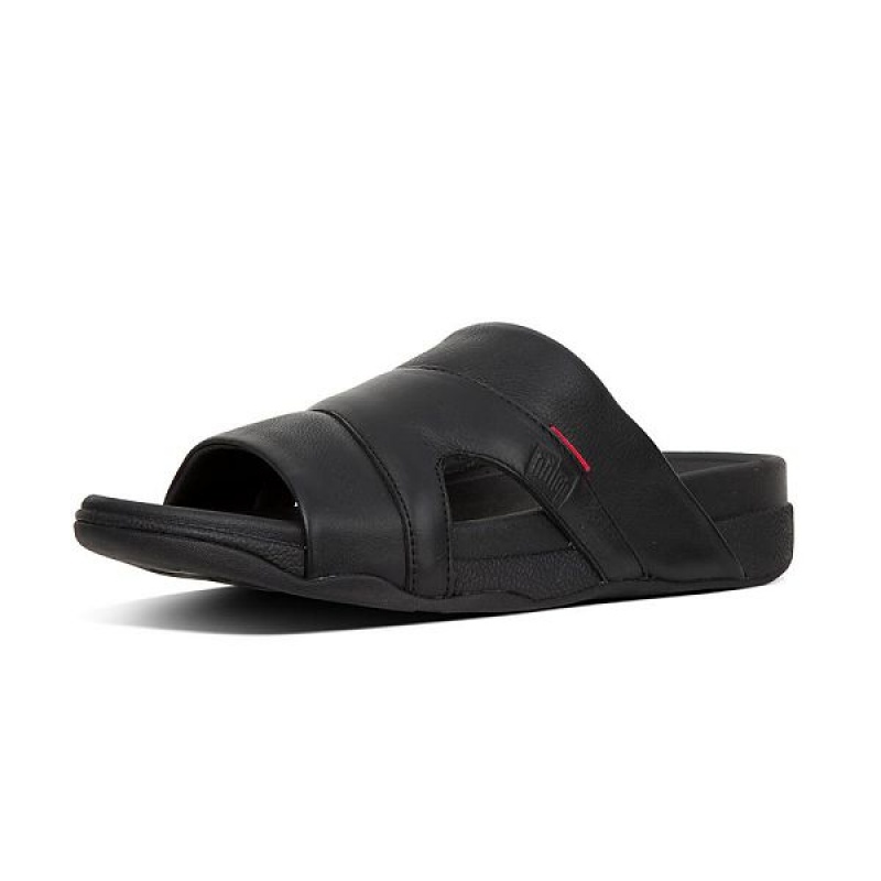 Black Men's FitFlop Freeway Leather Pool Slides | 617SUWIXF