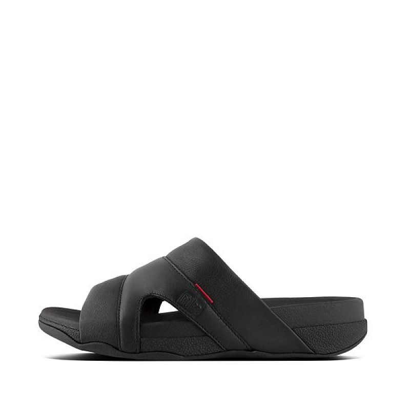 Black Men\'s FitFlop Freeway Leather Pool Slides | 617SUWIXF