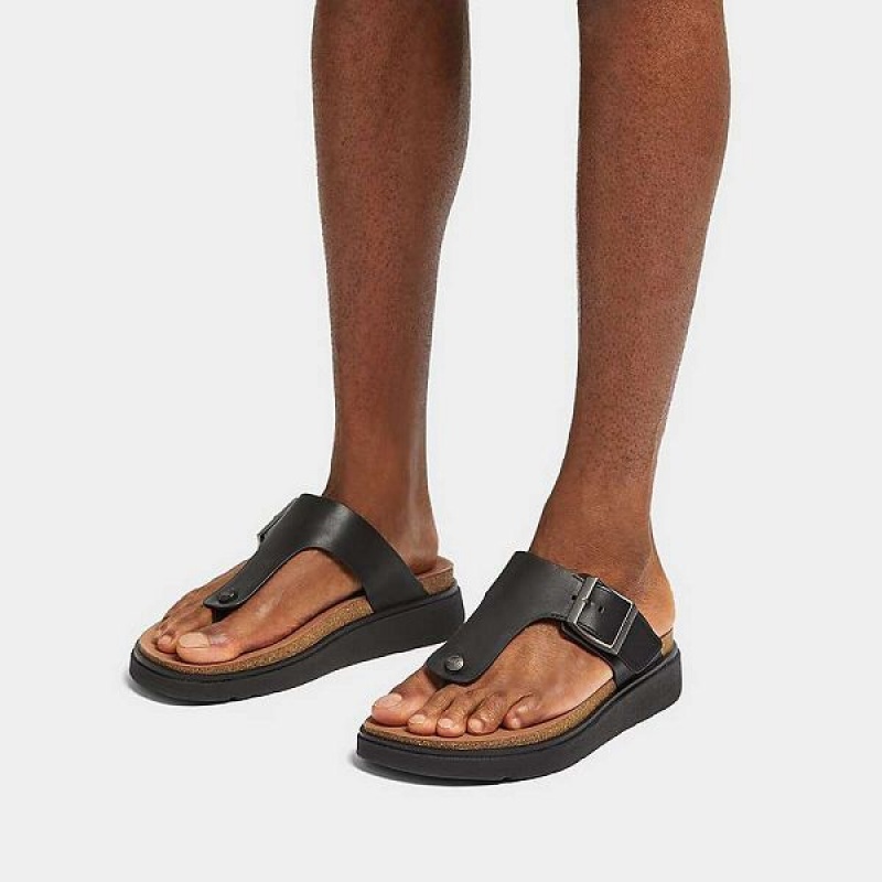 Black Men's FitFlop Gen-Ff Buckle Leather Toe-Post Sandals | 895TMACRY