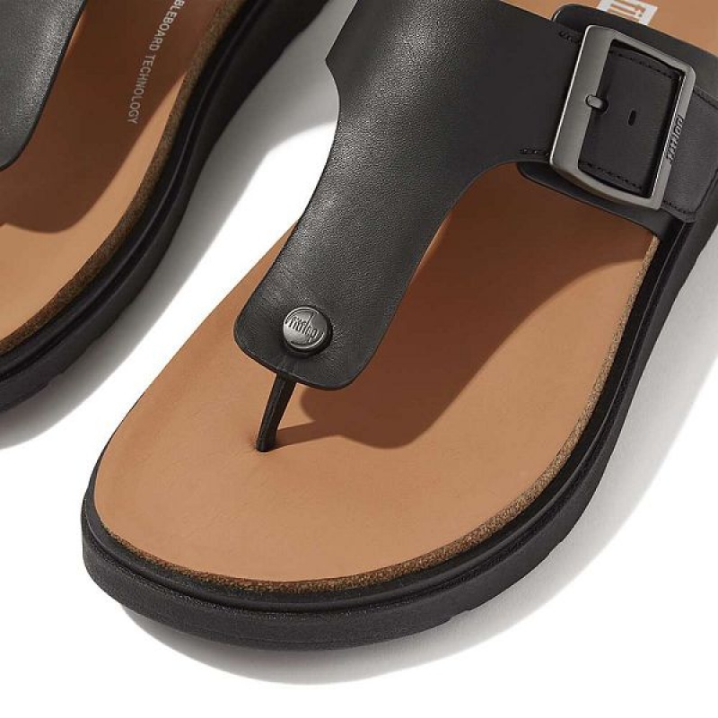 Black Men's FitFlop Gen-Ff Buckle Leather Toe-Post Sandals | 895TMACRY