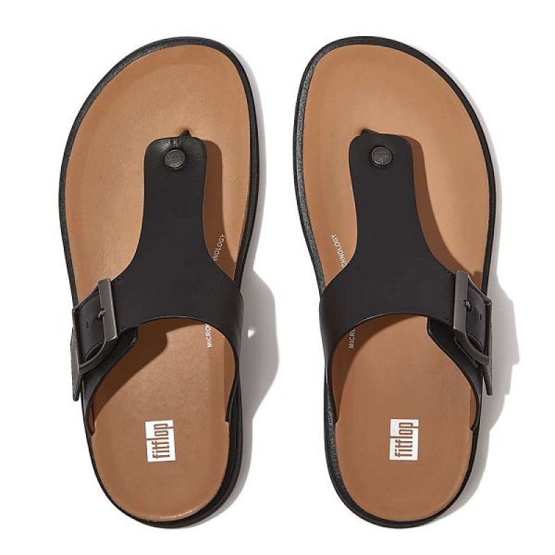 Black Men's FitFlop Gen-Ff Buckle Leather Toe-Post Sandals | 895TMACRY