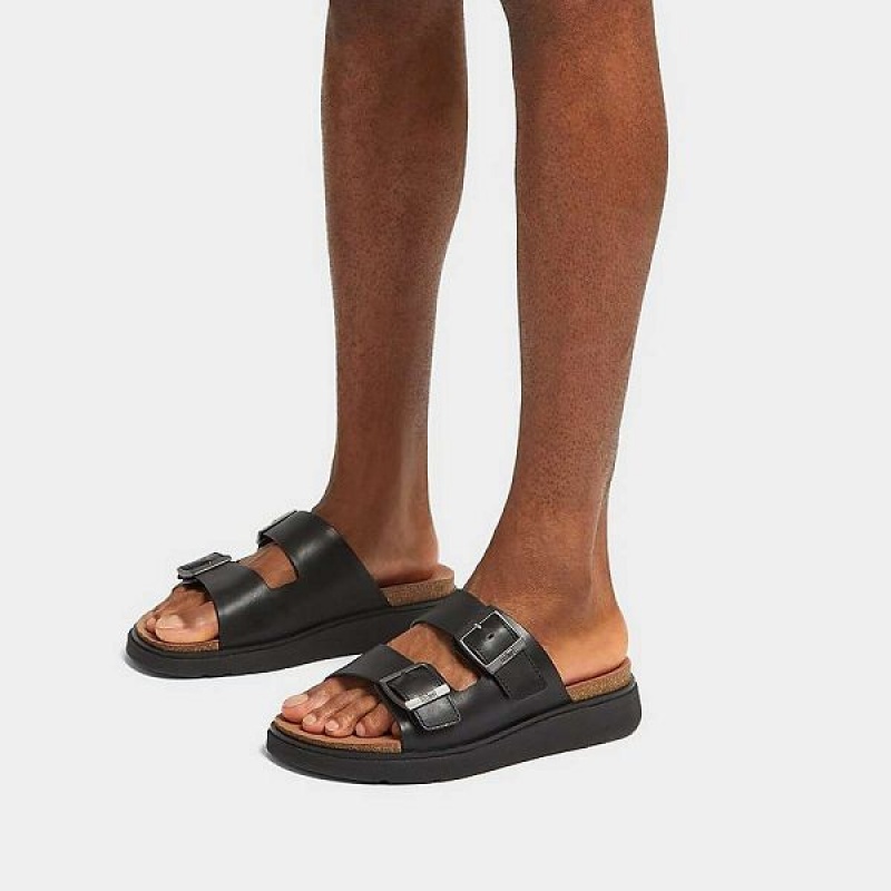 Black Men's FitFlop Gen-Ff Buckle Two Bar Leather Slides | 741IUAYMJ