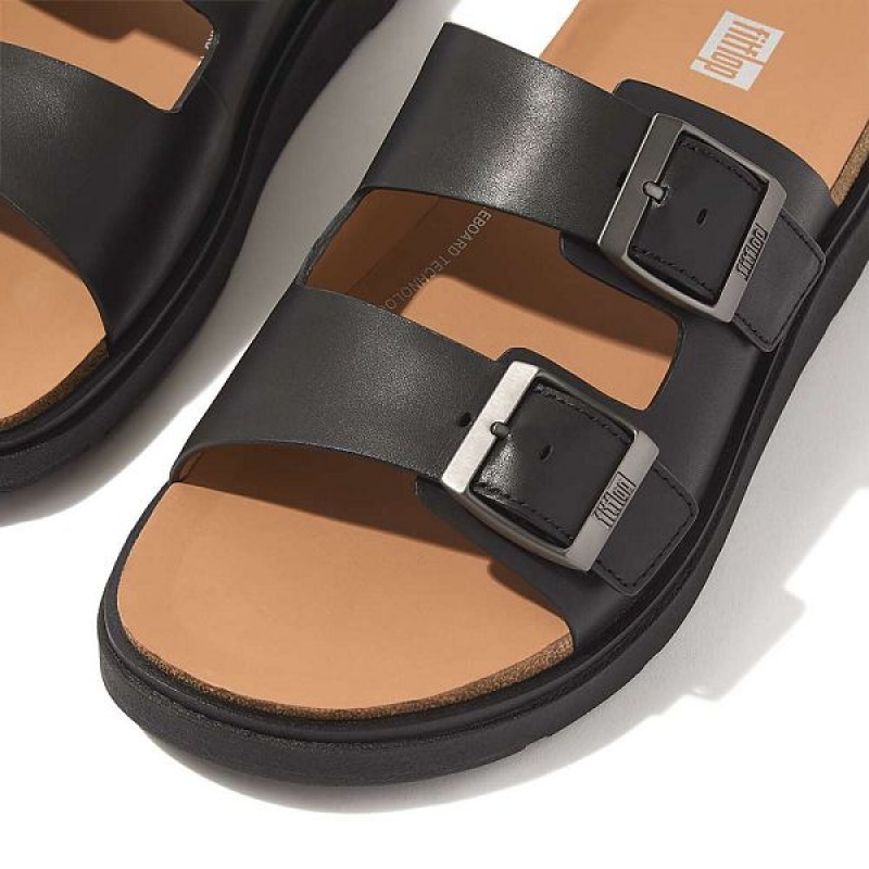 Black Men's FitFlop Gen-Ff Buckle Two Bar Leather Slides | 741IUAYMJ