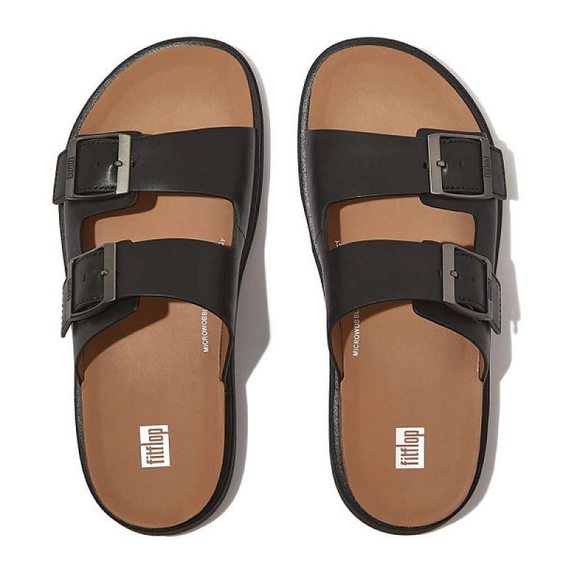 Black Men's FitFlop Gen-Ff Buckle Two Bar Leather Slides | 741IUAYMJ